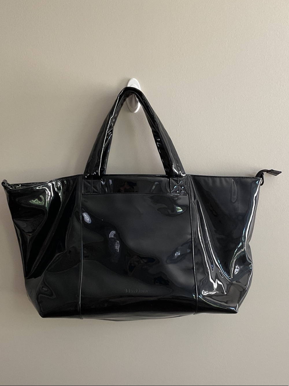 Max Mara Black Patent Tote Bag Large Travel Weekender Shoulder Bag